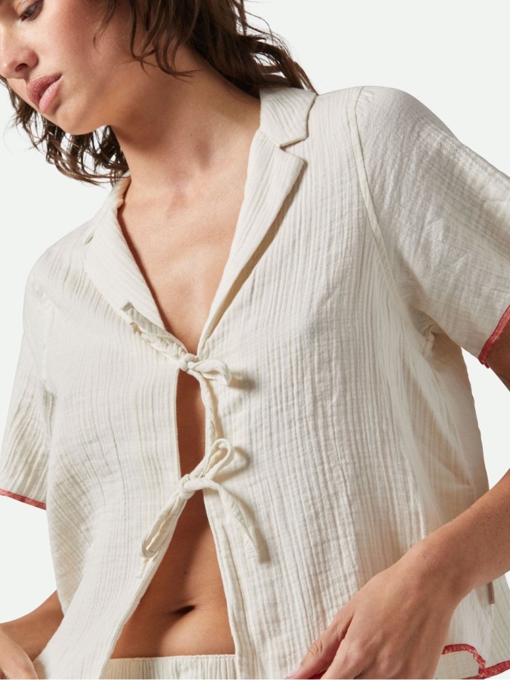 Brixton Wandering Tie Top Cream Cotton Gauze Contrast Red trim Small
